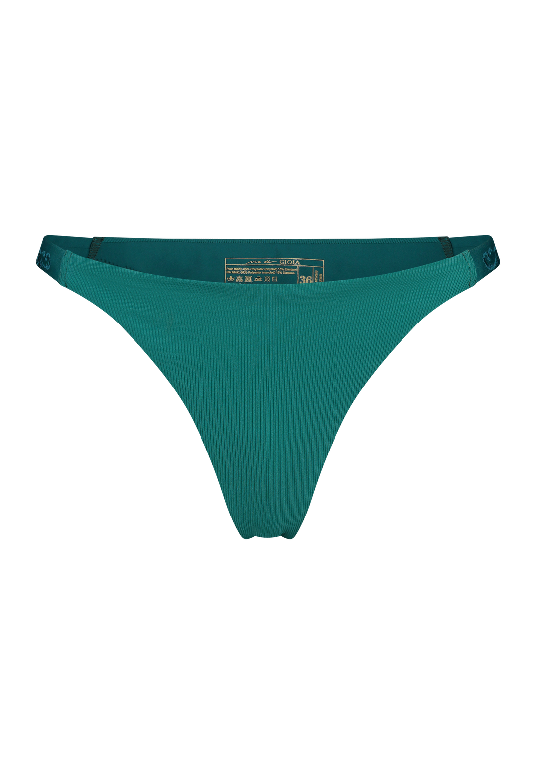 Bikini bottom Brazilian-tanga in emerald green with rib fabric and embroidery, product front
