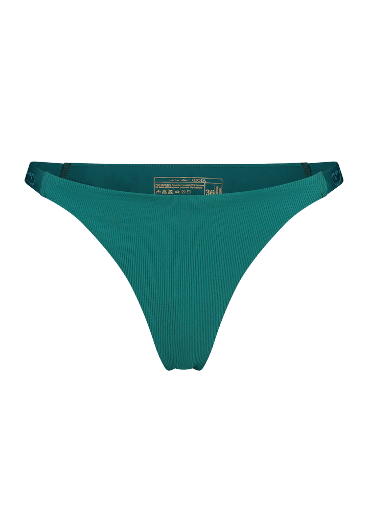 Bikini bottom Brazilian-tanga in emerald green with rib fabric and embroidery, product front