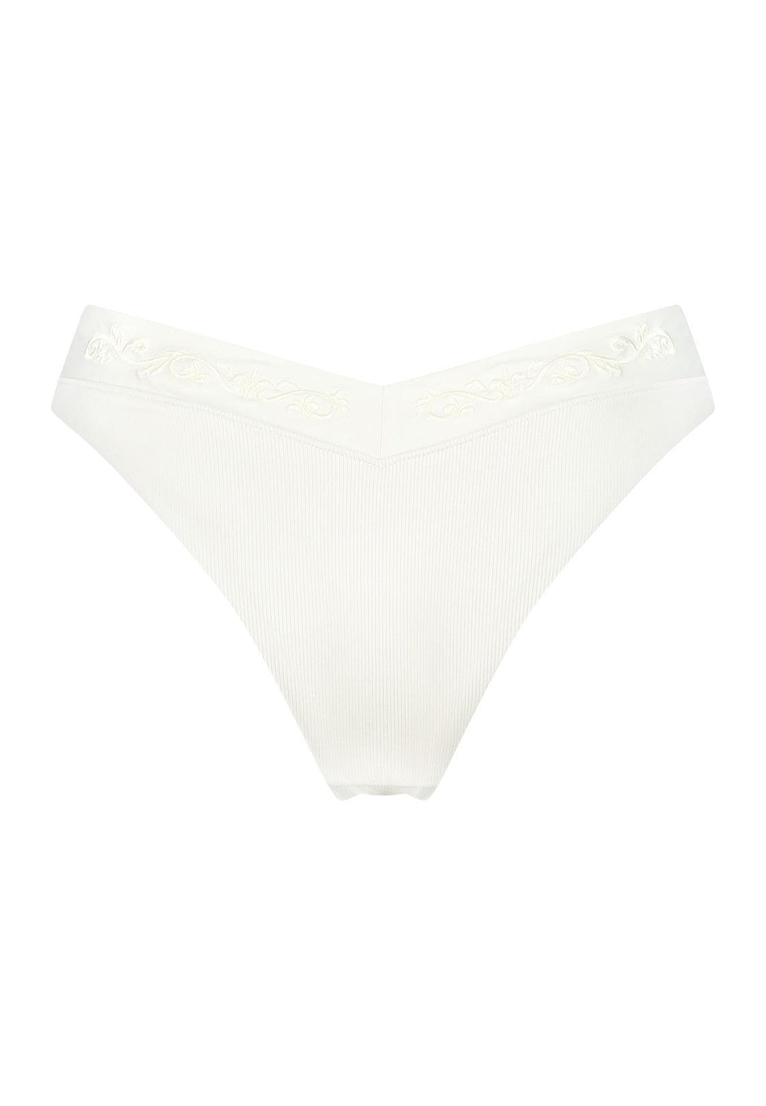 Bikini bottom V-shape in Ivory white with rib fabric and embroidery, product back