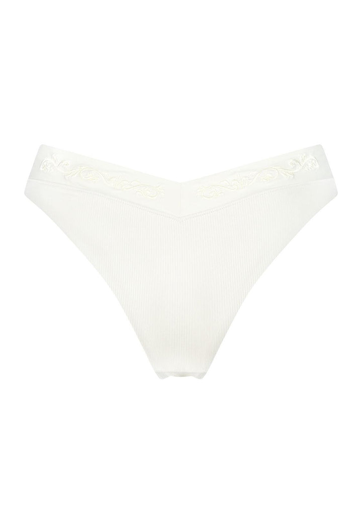 Bikini bottom V-shape in Ivory white with rib fabric and embroidery, product back