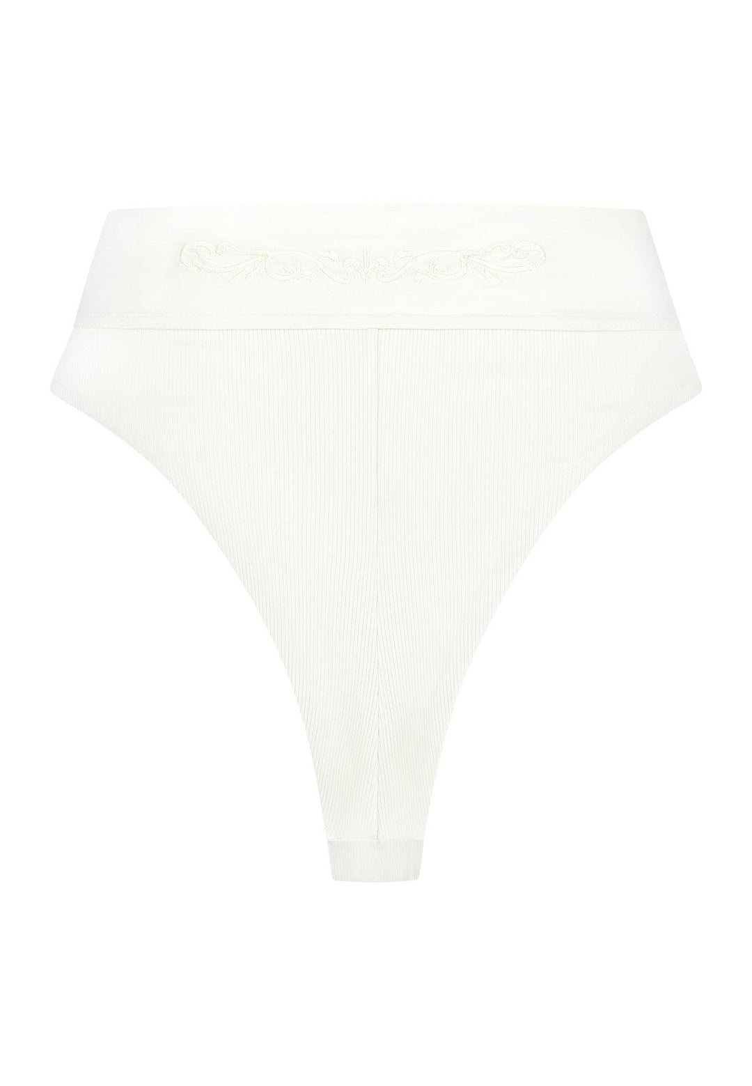 Bikini bottom high-waist in emerald green with rib fabric and embroidery, product back