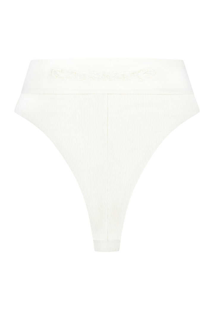 Bikini bottom high-waist in emerald green with rib fabric and embroidery, product back