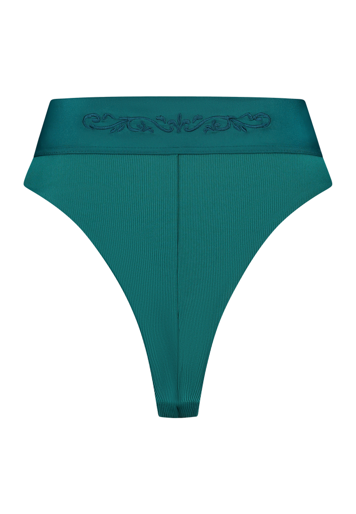 Bikini bottom high-waist in emerald green with rib fabric and embroidery, product back