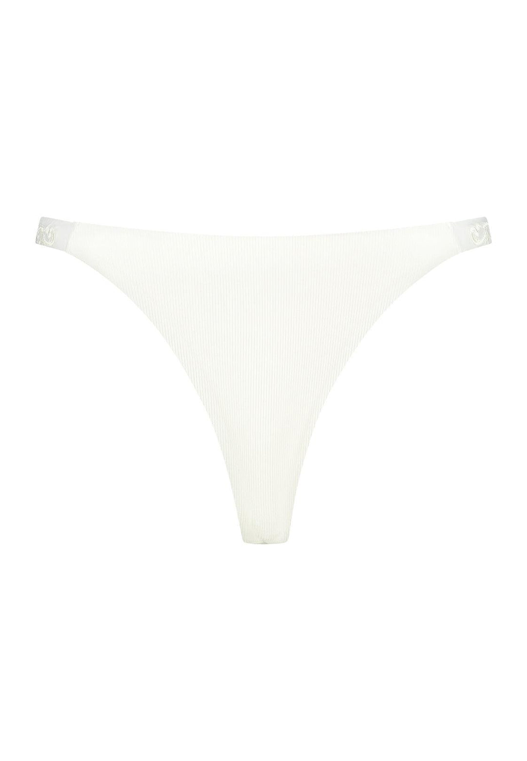 Bikini bottom Brazilian tanga in ivory white with rib fabric and embroidery, product back