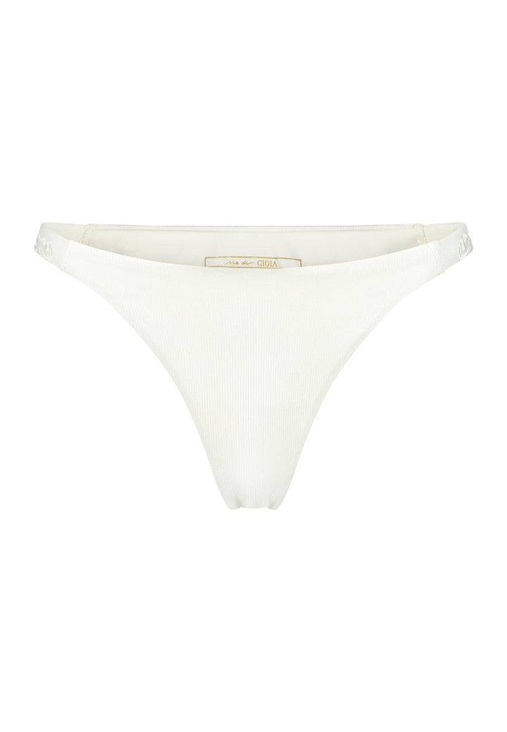 Bikini bottom Brazilian-tanga in ivory white with rib fabric and embroidery, product front