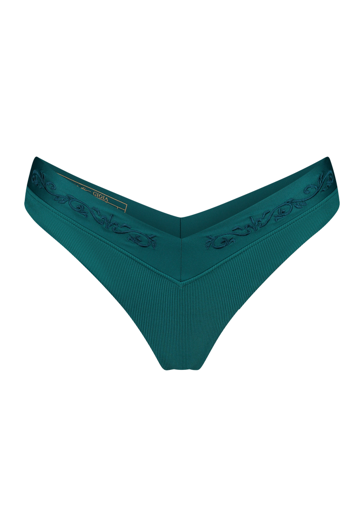 Bikini bottom V-shape in emerald green with rib fabric and embroidery, product front