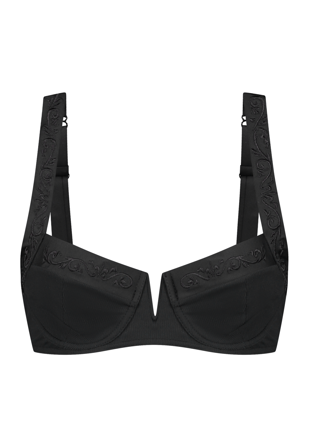 Bikini top balcony with underwire in black with rib fabric and embroidery 