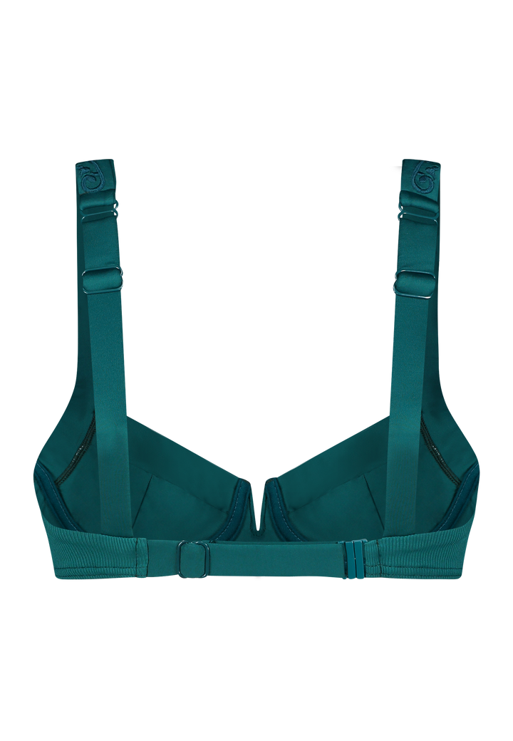 Bikini top with underwire in green with adjustable band size and shoulder straps