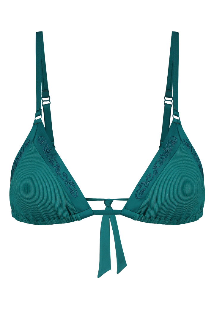 Bikini top triangle in green with rib fabric and embroidery 